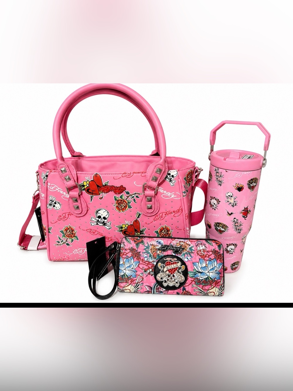 Ed Hardy Pink Floral Skull insulated lunch tote with Matching Wristlet & tumbler